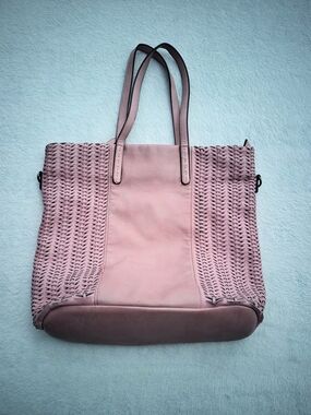 Woven Panel Pink Leather Tote with Dual Straps